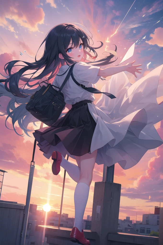 (8k, best quality, master piece: 1.2),super high resolution,1 girl, 独奏, colorshift eyes, hyperdetailed, expressive eyes, ultra-detailed face,,random hair, random color, Ecstatic expression, Back view, In the School Rooftop、A girl standing with the sunset in the background。Hair swaying in the wind、、A bag swinging on your back、Knee-length skirt