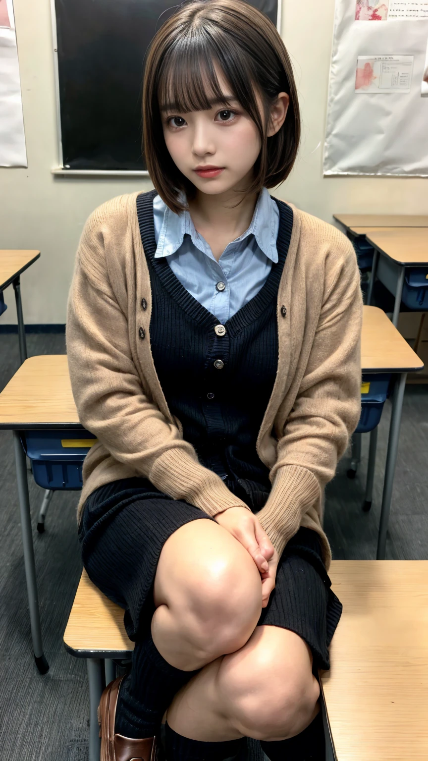 Enchanting anime girl, [ 4k digital art ]!!,Ultra-realistic painting, Art with attention to detail, 8k high quality detailed art,Curvy Tanned Gal,(puppet,Thick lips:1.2),Dress shirt,cardigan,,Side details,Pleated skirt,Brown Loafers,Blonde Short Hair,(Dark Skip:1.3),loose socks,Sweaty,close,Crouch on the desk,In the classroom,(Blushed),