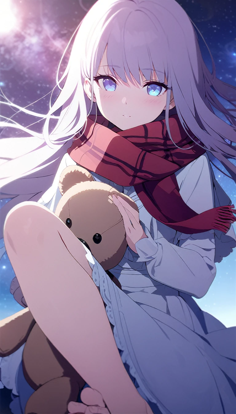 (((masterpiece))), (((best quality))),(((high detail))),light manipulation, girl with long hair, gradient purple to sky blue eyes, wearing a white dress, a red scarf, galaxy background, holding a teddy bear, feet, no footwear, close up