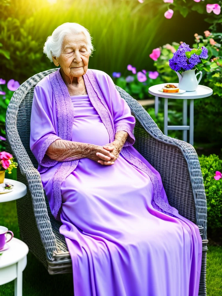 80 year old old woman,sonrriente,with sleeping gown, sitting in a lounge chair in a large garden with a small table on which there is breakfast, a vase with violets, in a dawn atmosphere