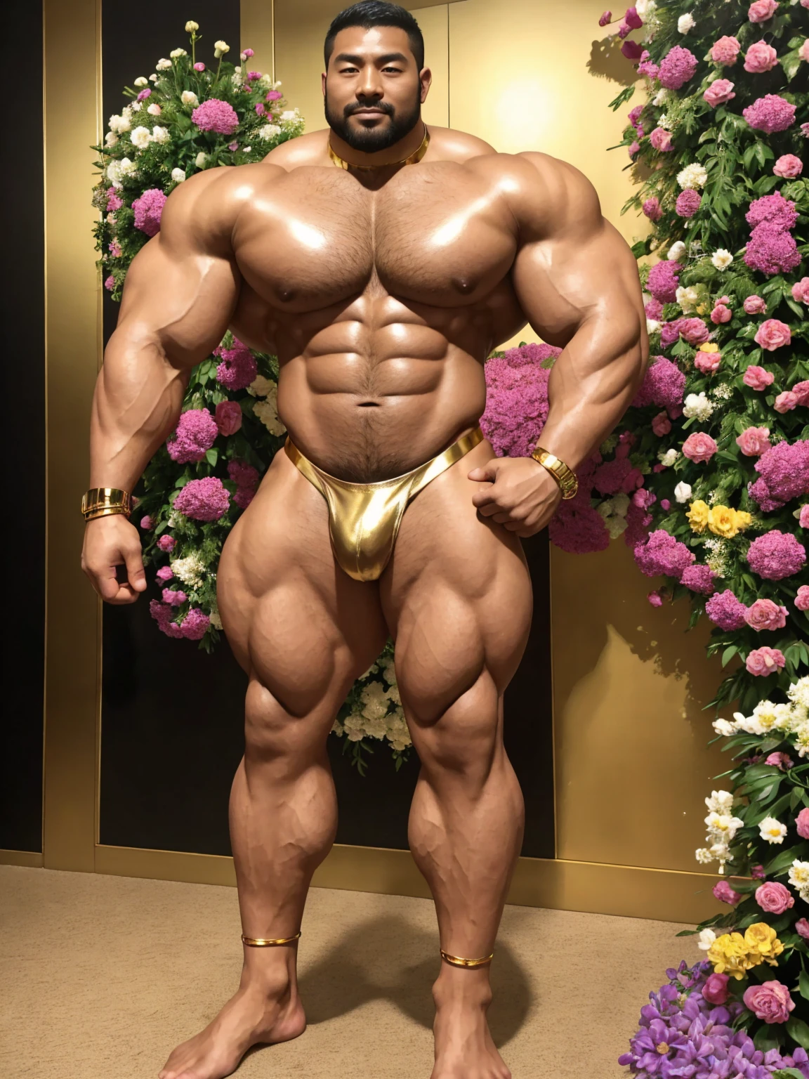 There is only one handsome Chinese man in the photo,35 years old,tall, Fitness,Smooth body,Smooth skin,No chest hair,short hair, O-Shaped Beard,Perfect body, Dark skin color,Radiant Skin,Smooth skin,Shiny, shiny skin,Smooth pectoral muscles,Muscle bulge, muscular, Very large pectoral muscles,Very sexy abdominal muscles,Very well-developed leg muscles,Huge concave and convex area,Brightens oily skin,Wearing a shiny gold leather thong,Handsome face,Normal human toes,Correct and accurate male body proportions,Gold Collar,Gold bracelet,Gold anklets,Standing in the flower room,The background is full of flowers,Surrounded by flowers。