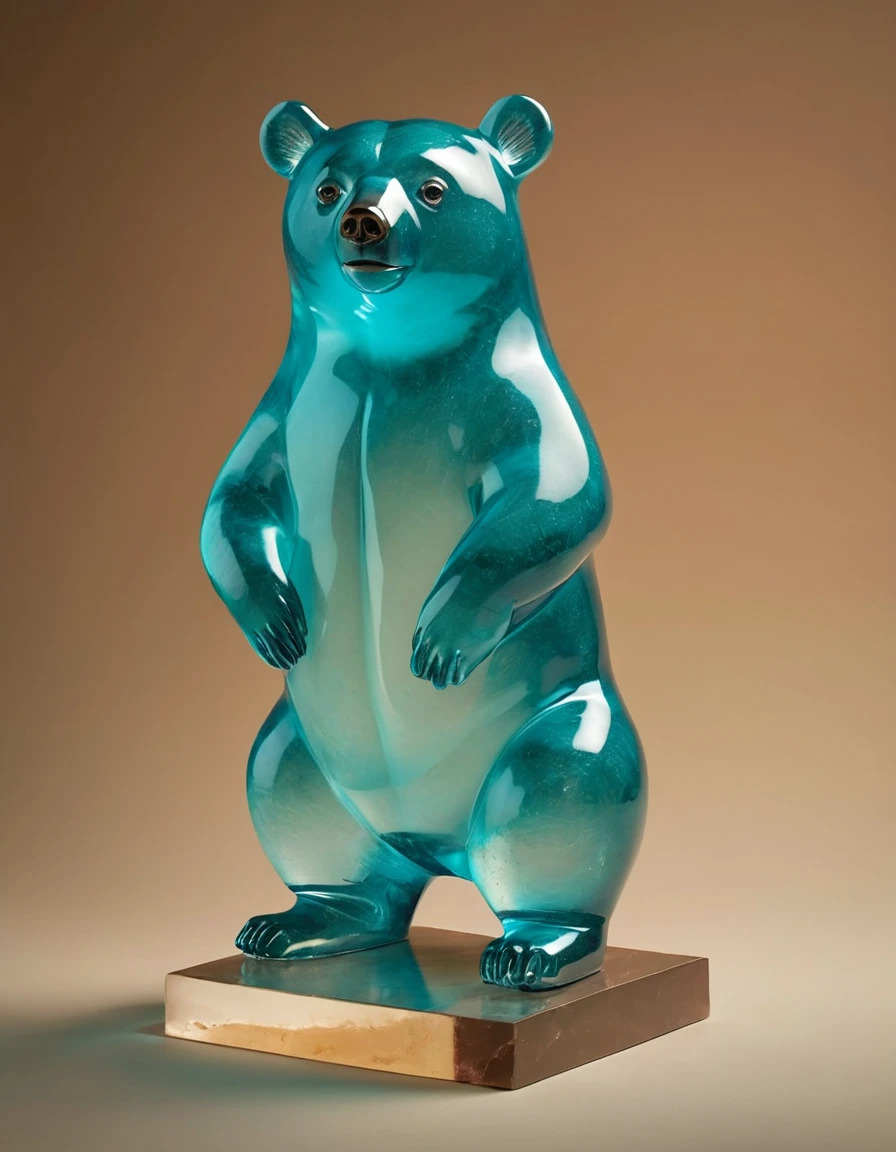(((translucent glass sculpture:1.5))), cute, obese, bear, luminiscent cyan eyes, best quality, hires textures, cinematic lighting, warm light, one tone background, (((pedestal:0.8))), detailxl
