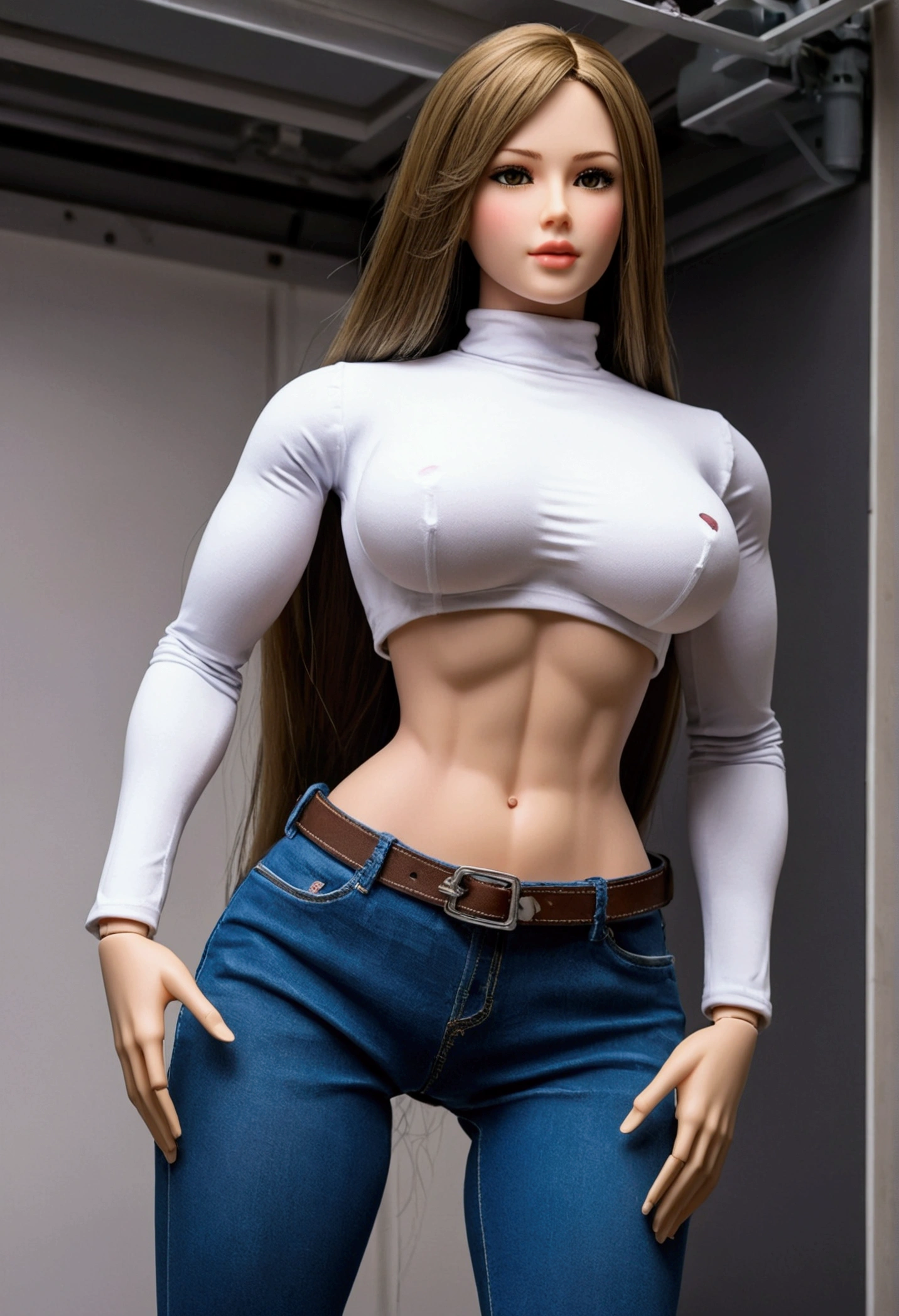 Three meters tall female sex doll. ((Head reaches The ceiling)) Massive , Wearing tight jeans and a tight shirt. Robot.  Big muscles, muscular, thicc thighs and hourglass figure.