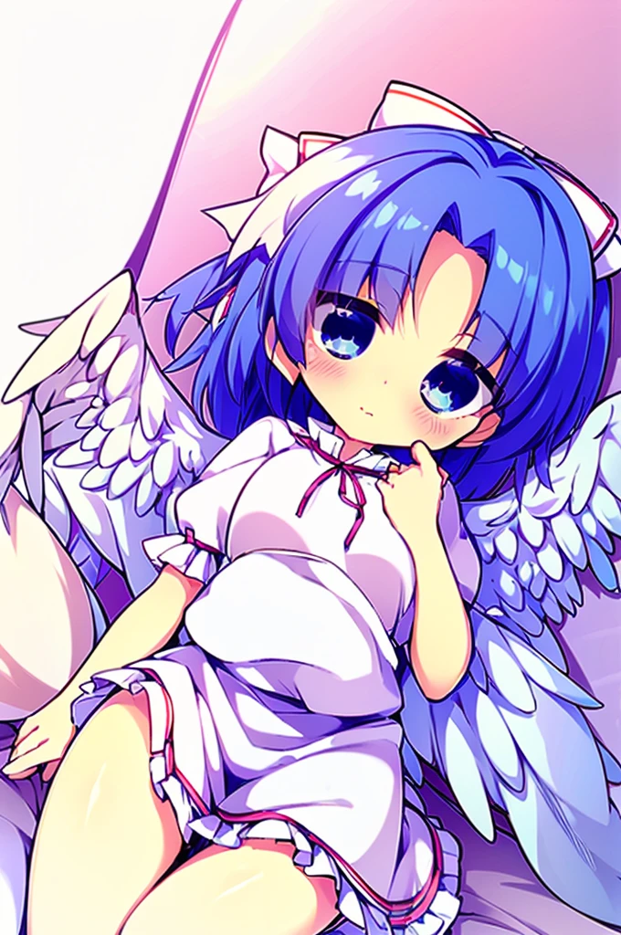 (best quality,4k,8k,highres,masterpiece:1.2), top-quality(​masterpiece), top-quality, ultra-detailed, highly detailed texture, intricate details, high quality textures, A cute teenage angel with blue eyes, big pink ribbon in her hair, drawn in anime style, 1girl, (((1girl in))), , 10 years old, (((loli))), ((childish)), medium blue hair, hair flaps, pink ribbon on head, well-formed face, Beautiful face, blue eyes, pretty eyes, angel girl, white blouse, puffy short sleeves, red ribbon, angel wings, long white skirt, red shoes, frills, ribbon head, A pair of angel wings on the back, clean line drawings, cute
