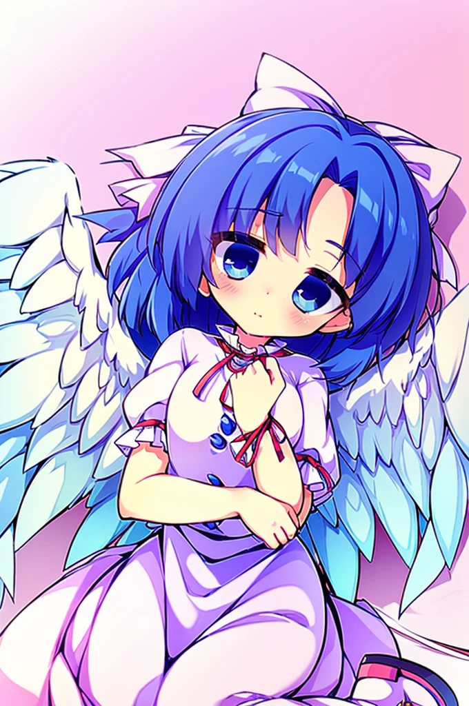(best quality,4k,8k,highres,masterpiece:1.2), top-quality(masterpiece), top-quality, ultra-detailed, highly detailed texture, intricate details, high quality textures, A cute teenage angel with blue eyes, big pink ribbon in her hair, drawn in anime style, 1girl, (((1girl in))), , 10 years old, (((loli))), ((childish)), medium blue hair, hair flaps, pink ribbon on head, well-formed face, Beautiful face, blue eyes, pretty eyes, angel girl, white blouse, puffy short sleeves, red ribbon, angel wings, long white skirt, red shoes, frills, ribbon head, A pair of angel wings on the back, clean line drawings, cute