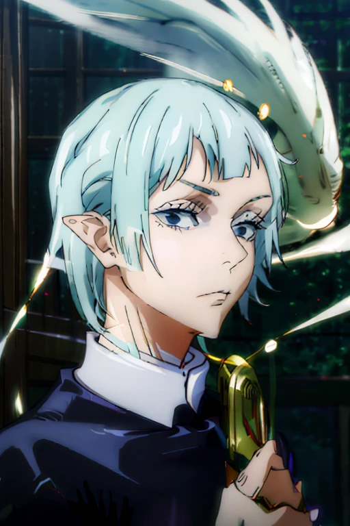 elf abina, he would be, short platinum hair, lilac eyes, facial