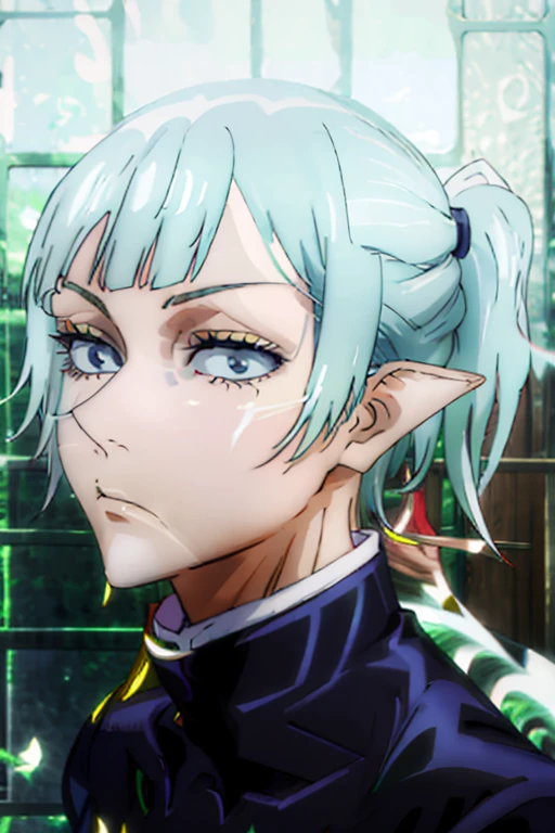 elf abina, he would be, short platinum hair, lilac eyes, facial