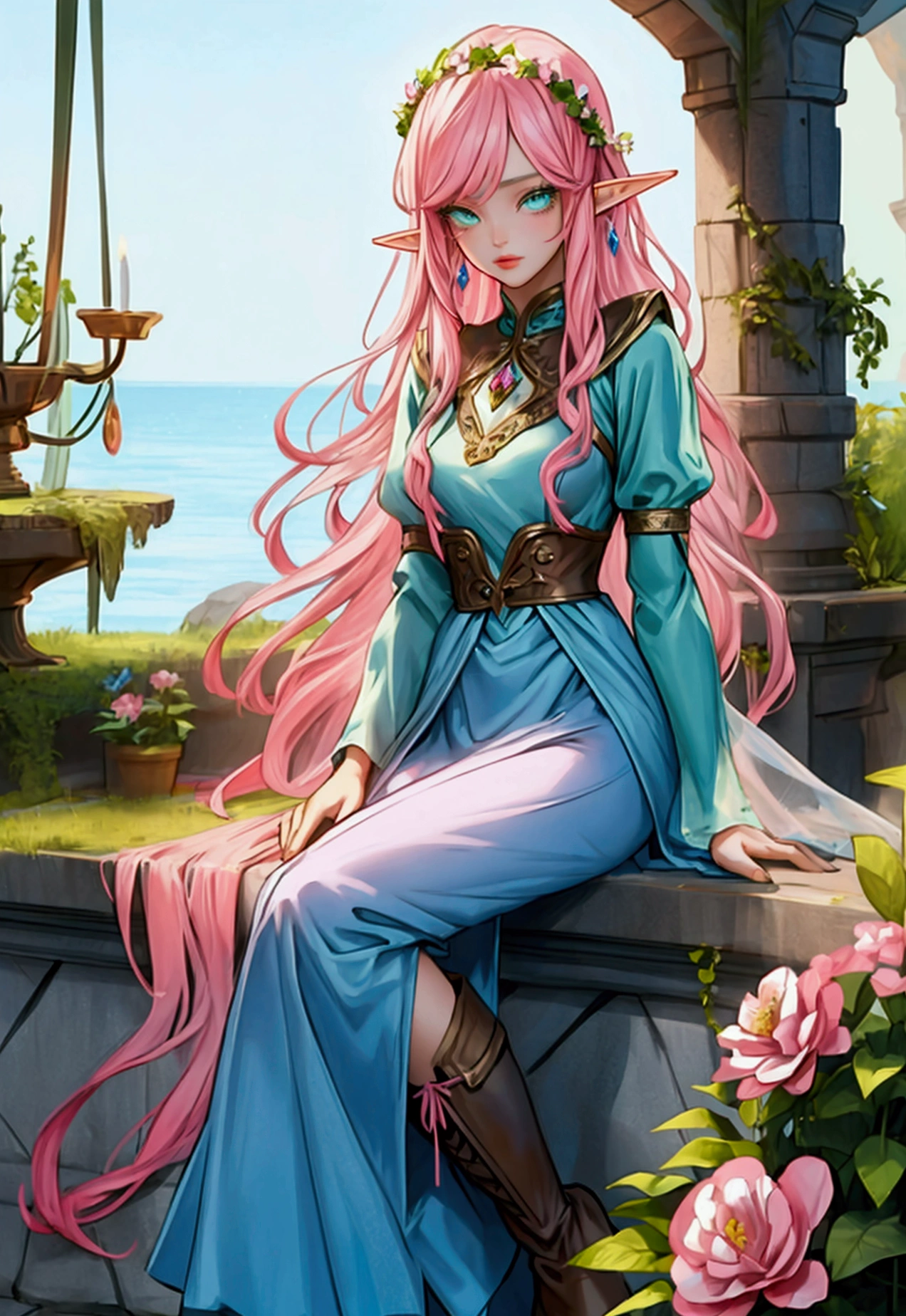 beautiful adult women elf, long pink hair and blue streaks hair, green eyes, with flower crown, boots, blue dress, pink skirt and black sleeves
