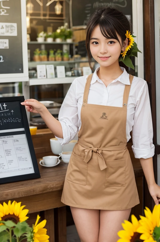 20 years old girl (Japanese cute face) is wearing mini skirt and white apron and working at the cafe with sunflowers