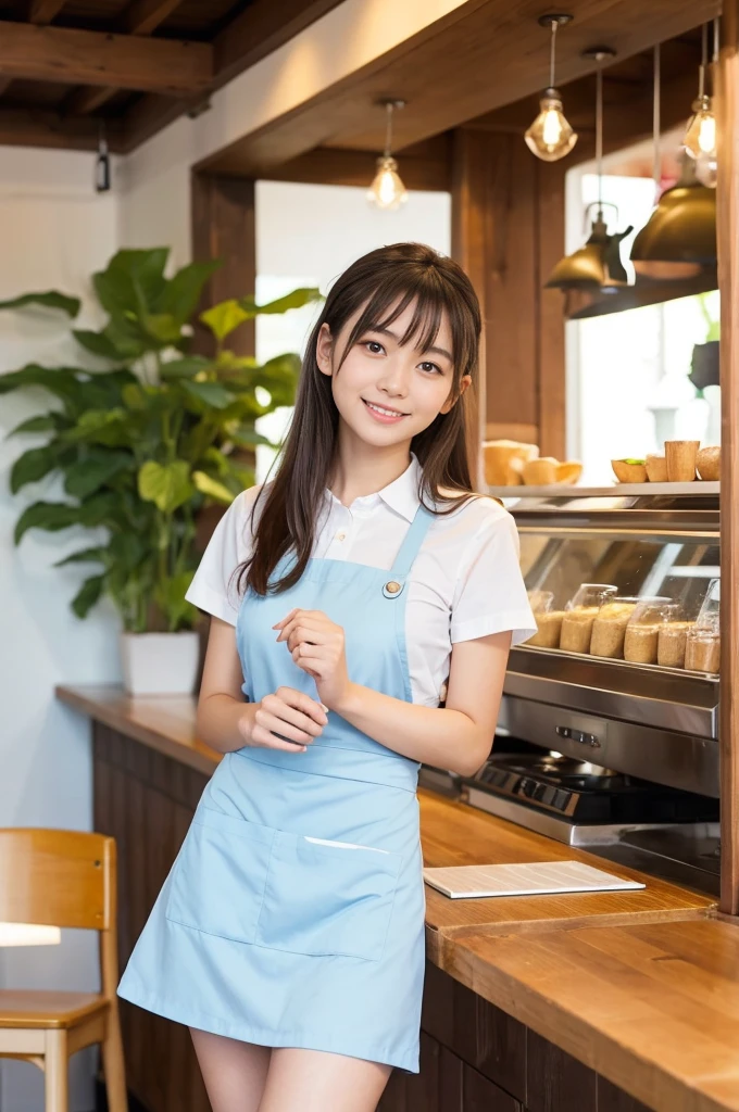 20 years old girl (Japanese cute face) is wearing mini skirt and white apron and working at the cafe with sunflowers