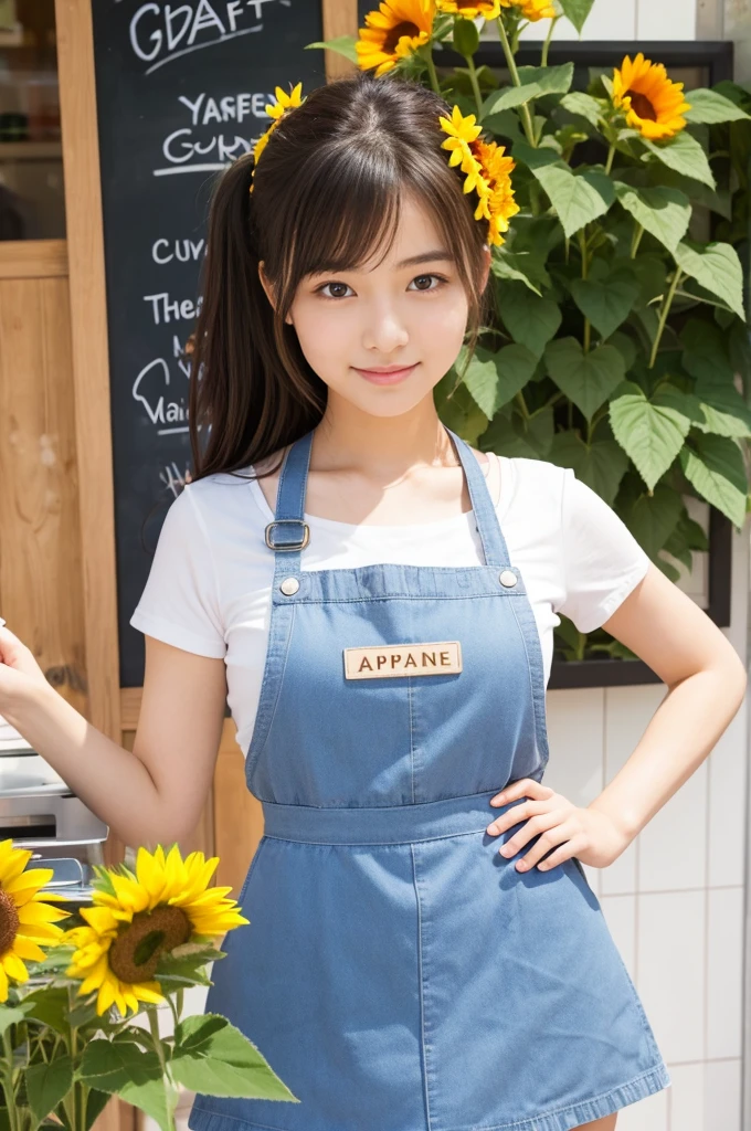 20 years old girl (Japanese cute face) is wearing mini skirt and white apron and working at the cafe with sunflowers