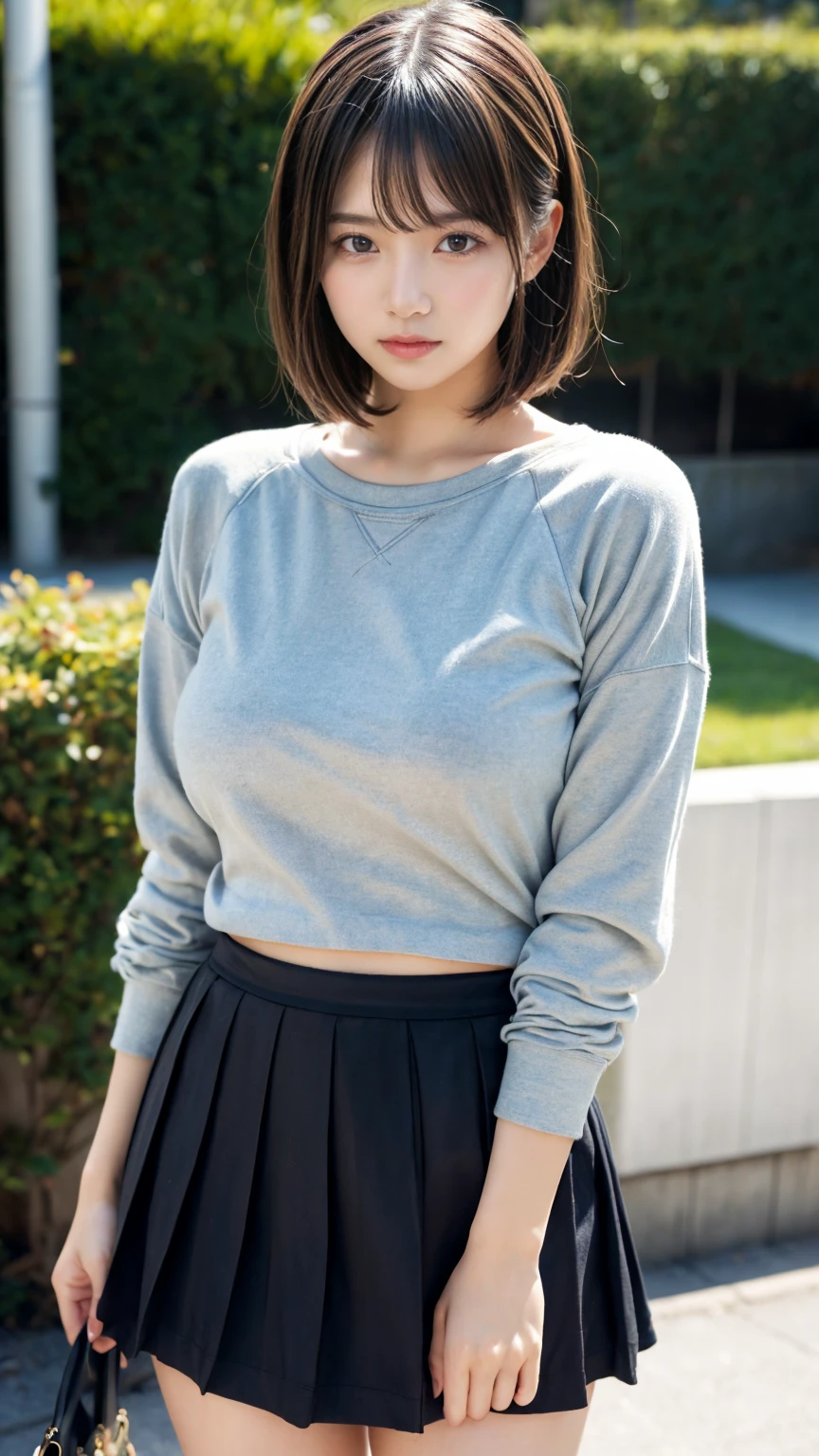 masterpiece, best quality, illustration, Super detailed, fine details, High resolution, 8K,wall paper, perfect dynamic composition,(Details High quality, realistic depiction of eyes:1.3), Highly detailed and elegant applique cotton jersey sweatshirt made of cotton jersey。, Pleated skirt, Features a relaxed and relaxed silhouette., short bob hair, black hair color, Big Natural Color Lip, (perfect body style), sexy pose, crying a little、 Harajuku style、20 year old girl、cute type、lolita, hposing Gravure Idol, full body photo、focus on crotch, huge breasts