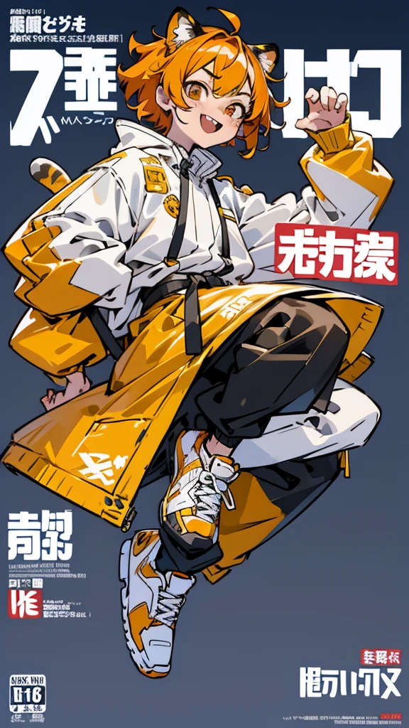 サイバーパンク, オーバーサイズパーカー, Wearing big sneakers, whole body, Simple Background, Magazine cover style, Tiger themed characters, amberのイメージカラー, Cheerful boy, Jumping, short hair, tsurime, cat ears, skin fang, grin, tachi-e, projected inset, UHD, best quality, highres, 8k