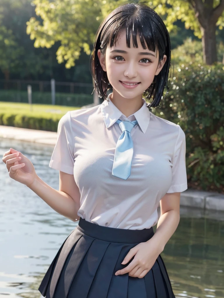 Highest quality, masterpiece, Ultra-high resolution, (Realistic:1.4), Voluptuous,Beautiful woman,(Shortcuts) (Outdoor pool area)Beautiful Skin, Fine skin, 魅惑的なsmile, Bokeh, smile, Shortcutsヘア, White collared shirt, Formal tight skirt,