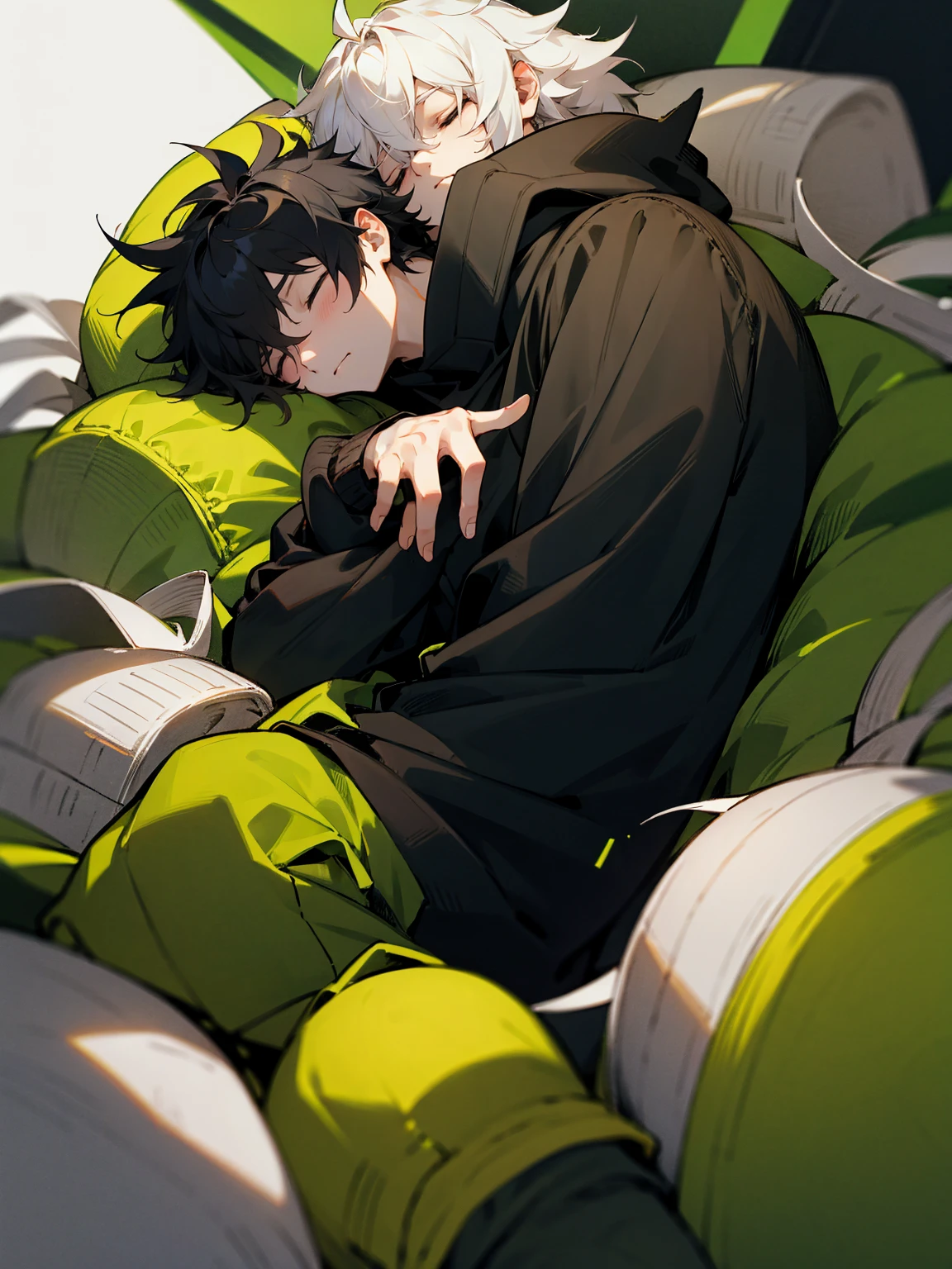 1male, eyes closed, chartreuse hair, messy hair, sleeping mask, black sweater, hands in pocket, lazy expression