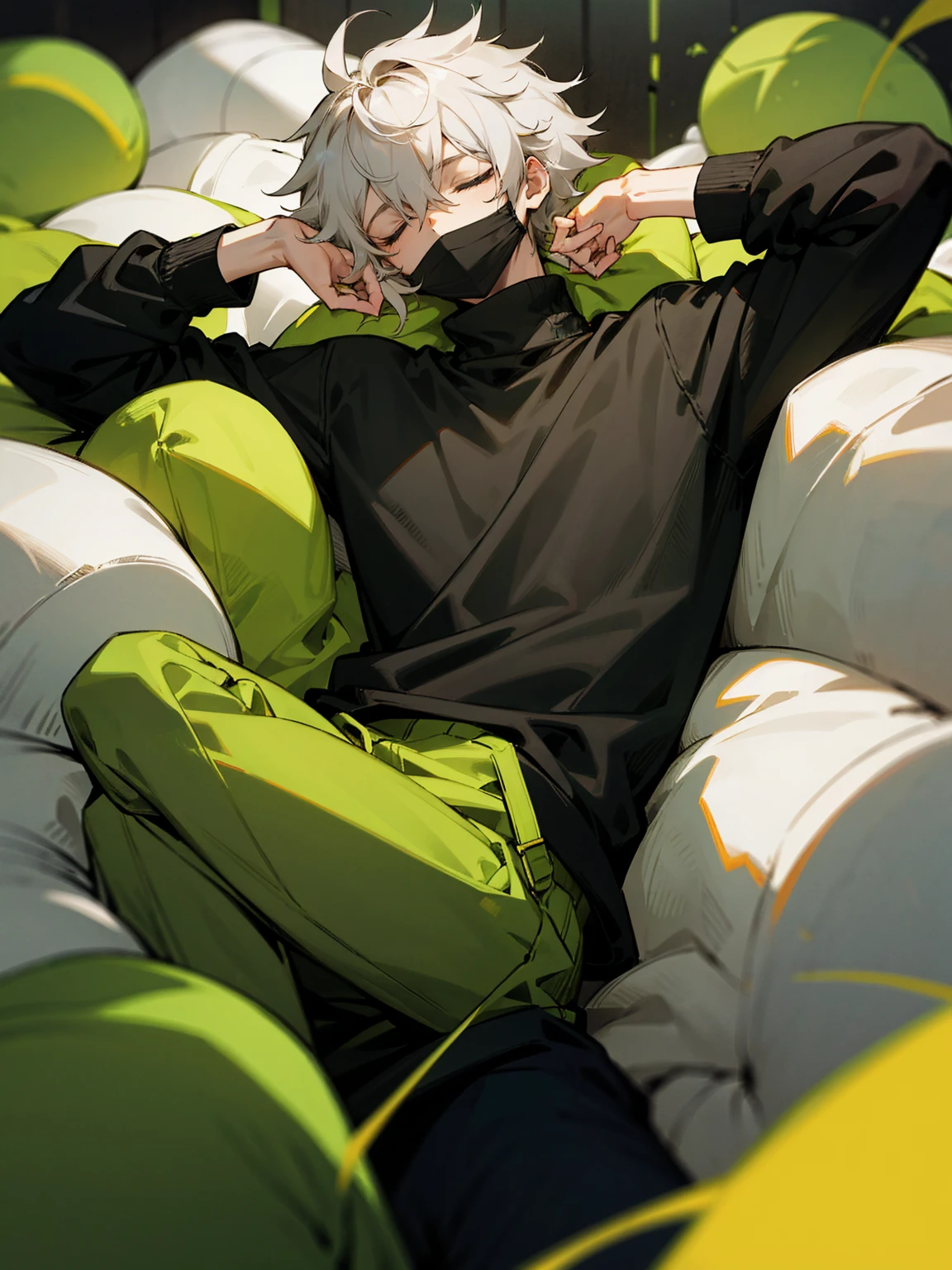 1male, eyes closed, chartreuse hair, messy hair, sleeping mask, black sweater, hands in pocket, lazy expression