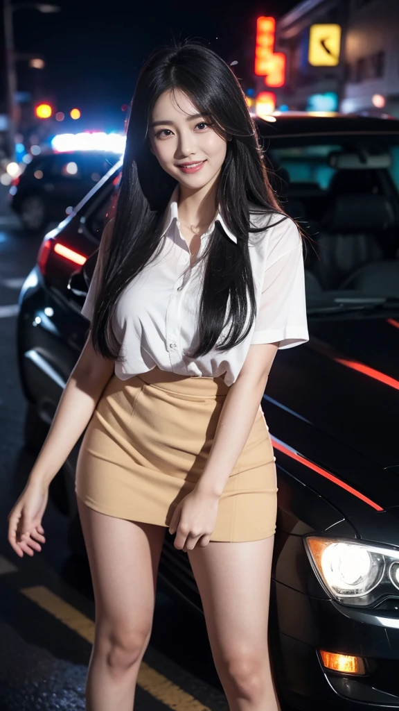 ground view, giantess city, A huge girl who is 500 feet tall., skyscrapers, incredibly long legs, stepping on the crowd, many people on the street, a pair of huge tits, black hair down to waist, wet white shirt, Short skirts that show panties, looking happy, standing on a broken car, burning street, beautiful appearance, exquisite makeup，quality，8k，高quality，perfect proportions, Cinema Lighting，film grain，8k，textured skin，super detail，high detail，high quality，high resolution，To explode，fake laugh