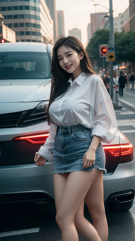 ground view, giantess city, A huge girl who is 500 feet tall., skyscrapers, incredibly long legs, stepping on the crowd, many people on the street, a pair of huge tits, black hair down to waist, wet white shirt, Short skirts that show panties, looking happy, standing on a broken car, burning street, beautiful appearance, exquisite makeup，quality，8k，高quality，perfect proportions, Cinema Lighting，film grain，8k，textured skin，super detail，high detail，high quality，high resolution，To explode，fake laugh