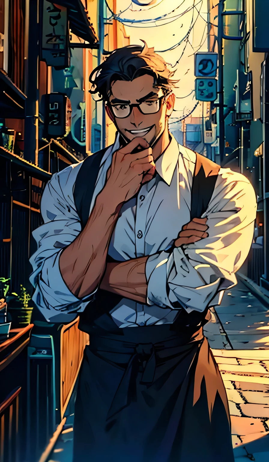 masterpiece, Highest quality, (alone focus), (Perfect Face:1.1), (Attention to detail:1.1),dramatic, gentleman,1 person, Anime Style,(Healthy Skin),Muscular,White eyes,[glasses], Monocle,alone,White collared shirt,Black Apron,Wide open mouth smile,LOL,looking at the camera,Muscle Pose,Detailed Background,art,Coffee shop,Cinema Lighting,Coffee in hand