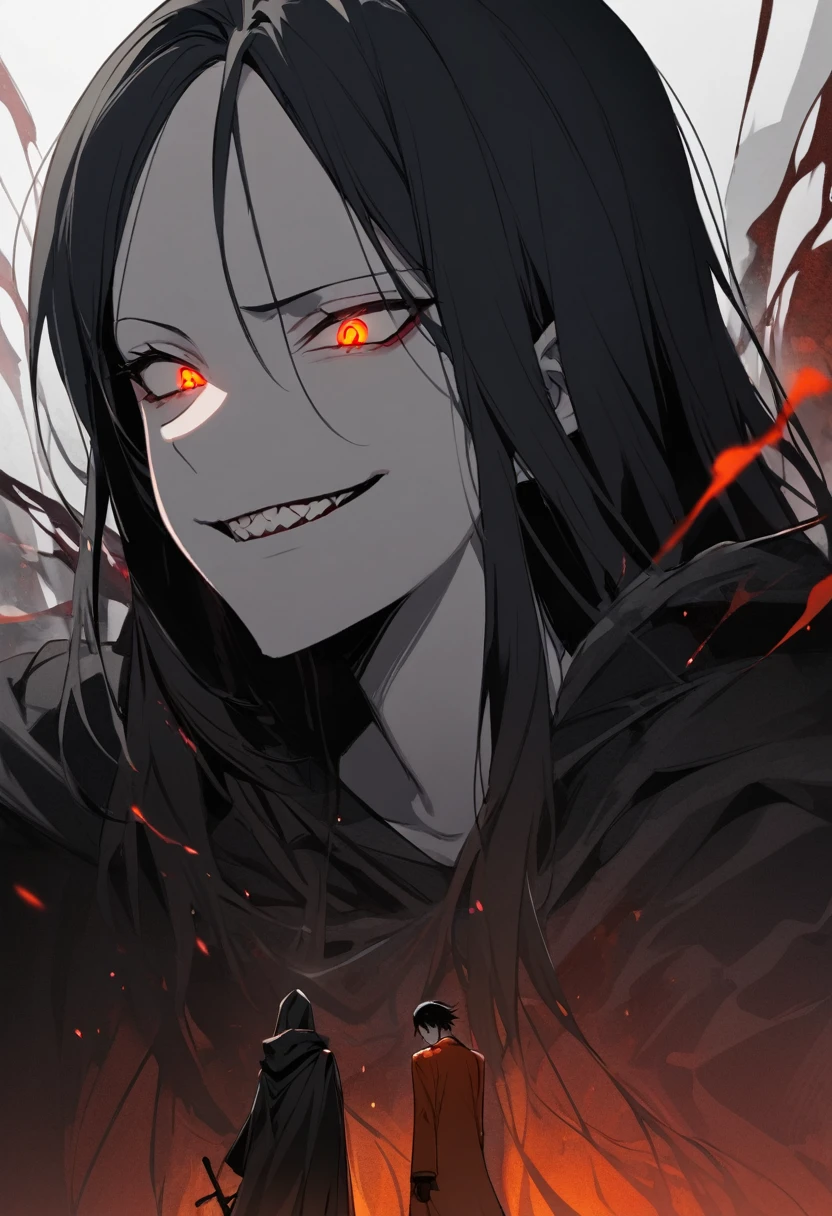 Solo-man, tall man, slender, shoulder length black hair, amber eyes, psycotic eyes, evil smile, gray , black cloak, leather gloves
