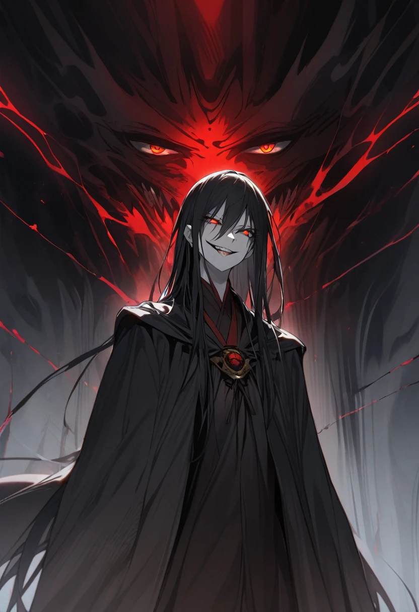 Solo-man, tall man, slender, shoulder length black hair, amber eyes, psycotic eyes, evil smile, gray robes, black cloak, leather gloves