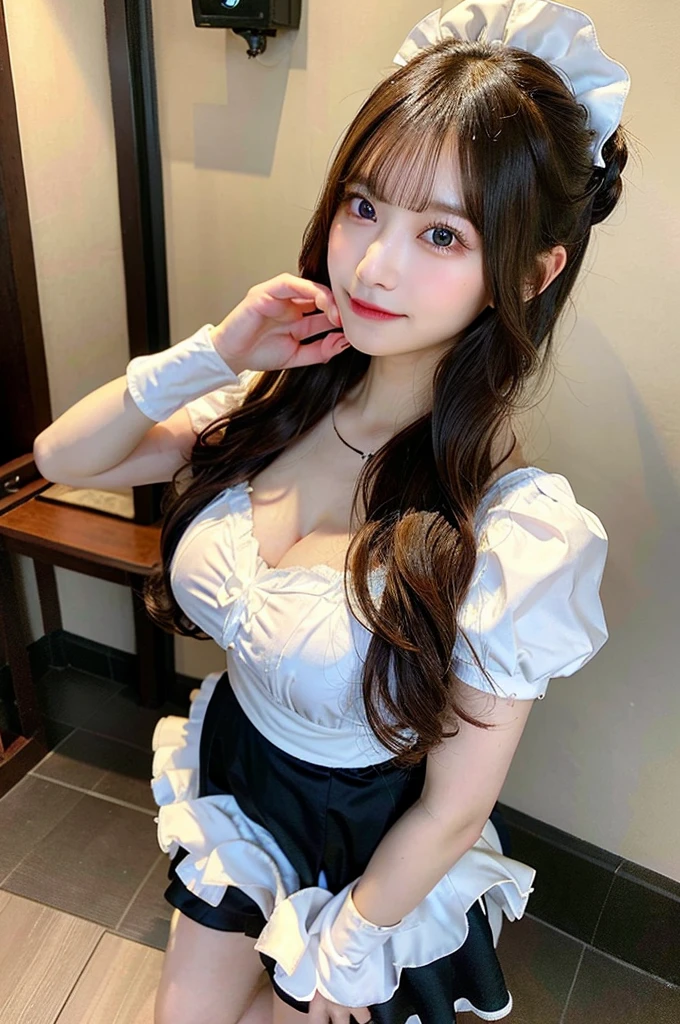 (8K壁紙),(８K),(Highest quality)、(Ultra-high resolution)、(RAW Photos、Cinema Lighting、high resolution、masterpiece),Professional photos,(Realistic, Photorealism),(high resolutionCG統合8K壁紙, Physically Based Rendering),Photorealistic,Beautiful perfectly detailed face,Beautiful perfectly detailed eyes,Beautiful perfectly detailed nose,Beautiful perfectly detailed mouth,Beautifully and perfectly detailed hand,Perfectly detailed fingertips,Beautiful detailed feet,Japanese , 18 year old Japanese girl, Beautiful detailed hairstyle,Cute Japanese Idols,Perfect Face,Super detailed face,Attention to detail,double eyelid,Slim figure,looking at the camera, (Realistic, Photorealism), (Highest quality), (Best Shadow),No makeup,Big Breasts、(Highly detailed body、Perfect posing)、Highly detailed background、(Maid Costume、sexy)、Standing posture、Full body photography、Wide Shot、Perfectly detailed backgrounds、indoor、indoor、(Perfectly detailed beautiful thighs)、