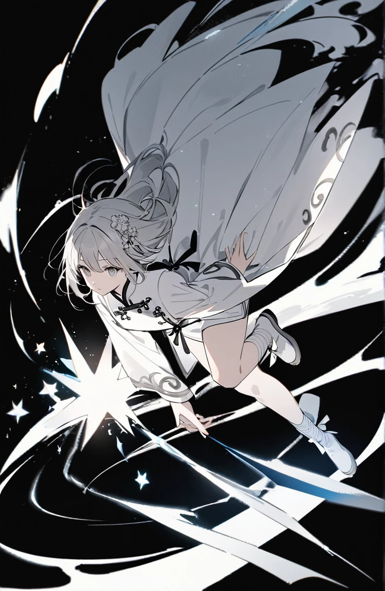(masterpiece:1.2),(anime),、girl、cute,Silver Hair,Light blue shining eyes,sweets dream, A colorful world, cute, like, Highest quality, masterpiece,【Highest quality, Tabletop】 (Gray white background:1.7), Han Fei,Grey Hair,White flower hair ornament,White ribbon,Grey Eyes,Black and white clothes,White translucent socks,Fleeting,Expressionless,dream,White background,whole body,Character portrait,A disdainful look,Chinese style clothes,Chinese clothing,Monochrome,Fleeting,