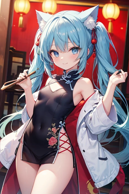 Blue Hair，blue eyes，Cat ears，girl，Girl，Small breasts，Long Hair，Twin tails，Lolita，Small breasts，Bright smile，Looks like 13 years old，Petan Musume，short，目のhighlight，Sexy thighs，Attractive thighs，Please show me your armpits，Your eyes are so beautiful，highlight，とても美しいhighlight，Chinese clothing，Chinese restaurant