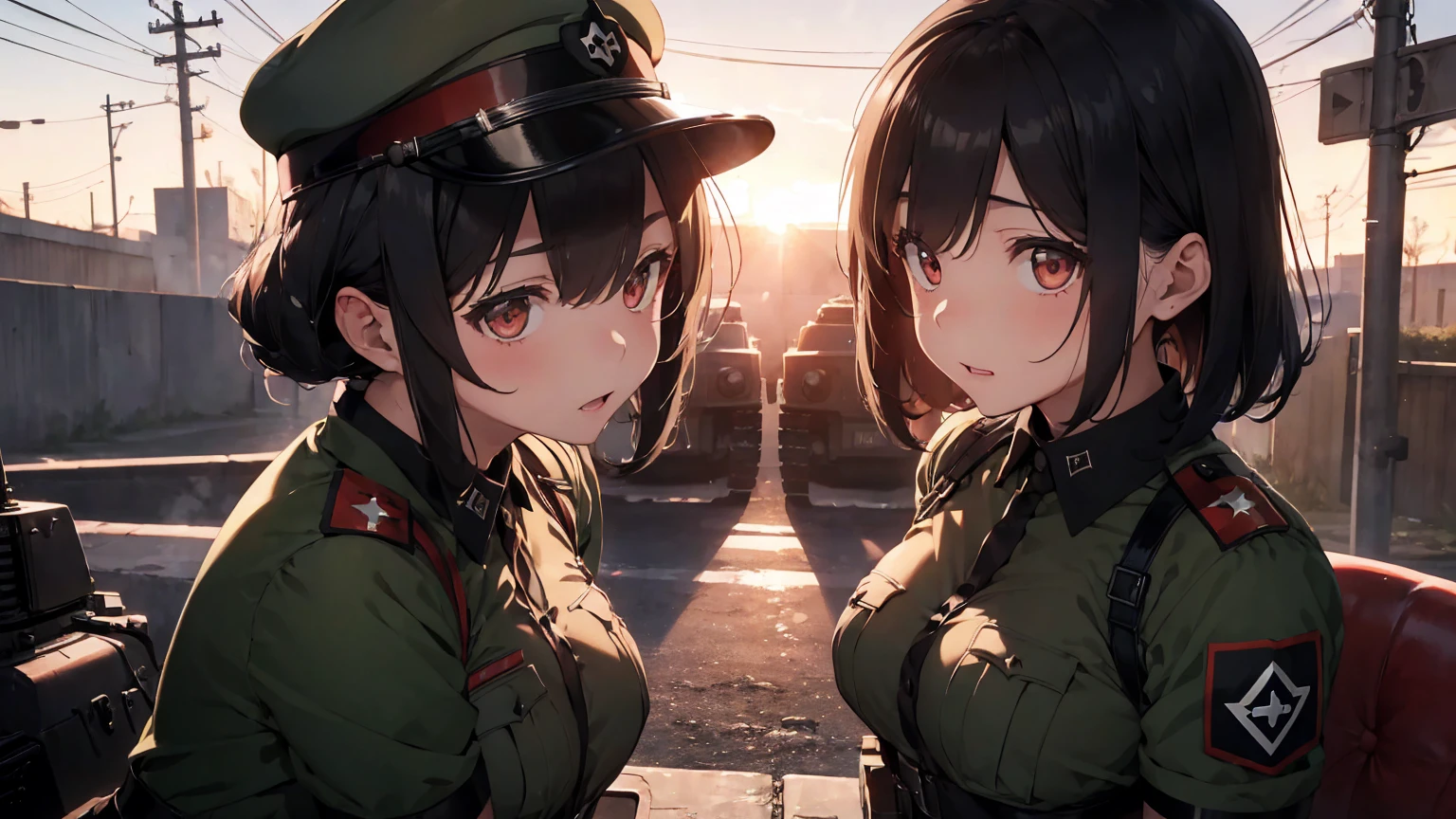  Gestapo uniform, female lesbian  kawaii sisters kissing passionately with T-54 military tank. wearing Luftwaffe uniforms. 8k. masterpiece. best quality. best artwork. lingerie. Swastika insignia red armband. bare breasts. sunset