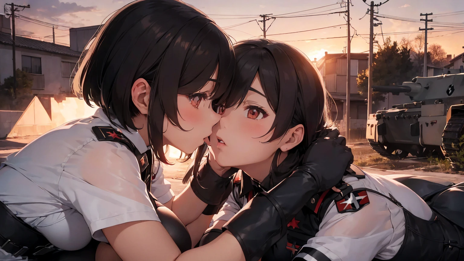 Gestapo uniform, female lesbian kawaii sisters kissing passionately with T-54 military tank. wearing Luftwaffe uniforms. 8k. masterpiece. best quality. best artwork. lingerie. Swastika insignia red armband. bare breasts. sunset