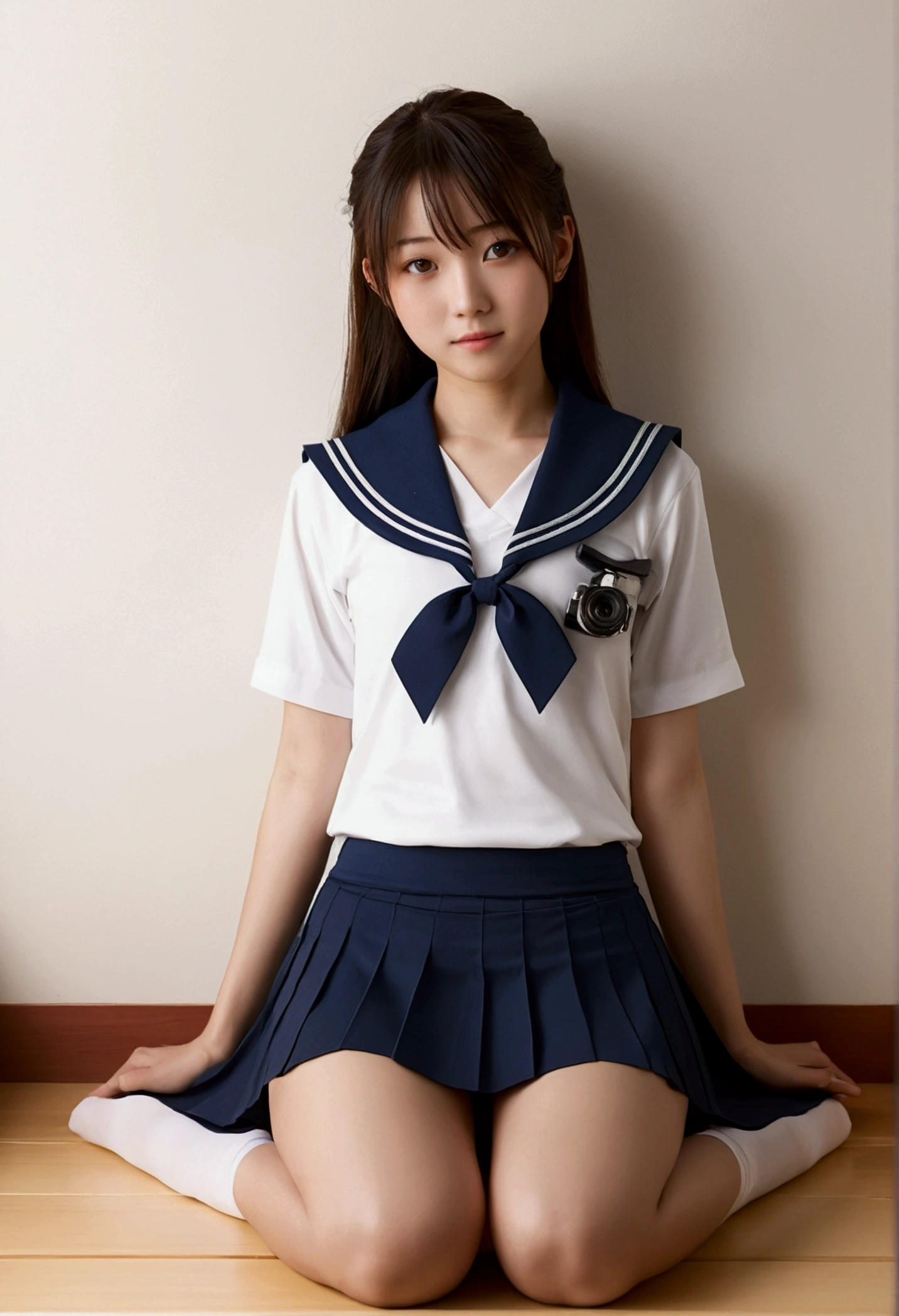 Sailor suit upper body、Japanese high school students、 female, RAW shooting, (realism: 1.8, Realistic), High-definition CG integrated 8K wallpaper, One Girl, camera&#39;sight, ((Straight from the front))), (Headquarters Skin: 1.8, Glowing Skin)), 8k er, Digital single-lens reflex camera, Soft lighting, high quality, (whole body: 0.5) (Professional Lighting: 1.6), Japanese women, 足首からwhole bodyまで, Shooting from the feet up, height: 160cm, Weight 50kg, (((Her skirt is rolled up and her underwear is visible..)))、(((Spread your legs)))