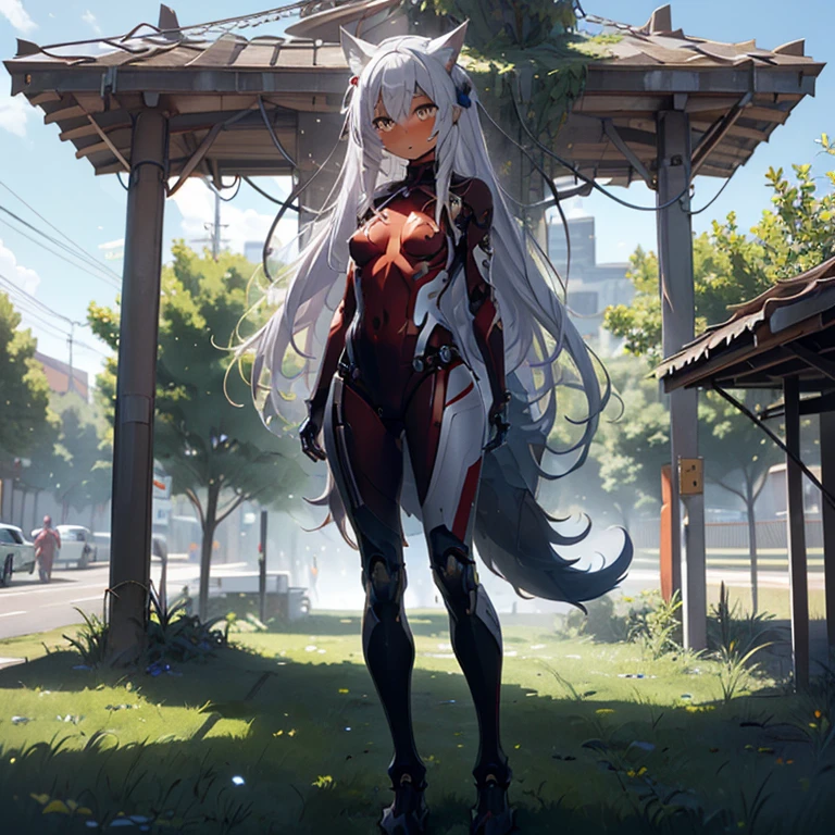 (Fox Girl, Fox Ears, Silver Hair, Fox Makeup, One Girl, Long Hair, Alone on the screen, dark skin:1.6), (mecha musume, Machinery Parts,Robot Joints, Red clothes, Full body mechanical suit:1.8), (Body measurements are 75-60-75!, Young girl body, Small breasts, Proudly, Standing posture, slender, muscle:1.9), Avatar, face, lewd face, Dominant representation, naughty face, Uplifting, Skin Texture, outside, Grassy field