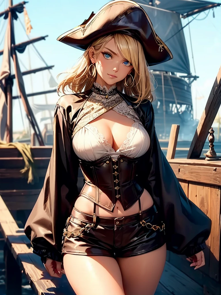 (masterpiece), best quality, expressive eyes, perfect face, (pirate ship background), (standing), (smirk), (closeup view), (1girl, selt, dark skin, tanned skin, blonde hair, boho bob hairstyle, blue eyes, hourglass figure, thin body, skinny body, petite_body, medium breasts, thick thighs, long fingernails,, white front lace blouse, long sleeve, loose fit, brown leather corset, brown leather shorts, brown boots, hoop earrings, miscellaneous jewelry)
 sultry look, seductive,
