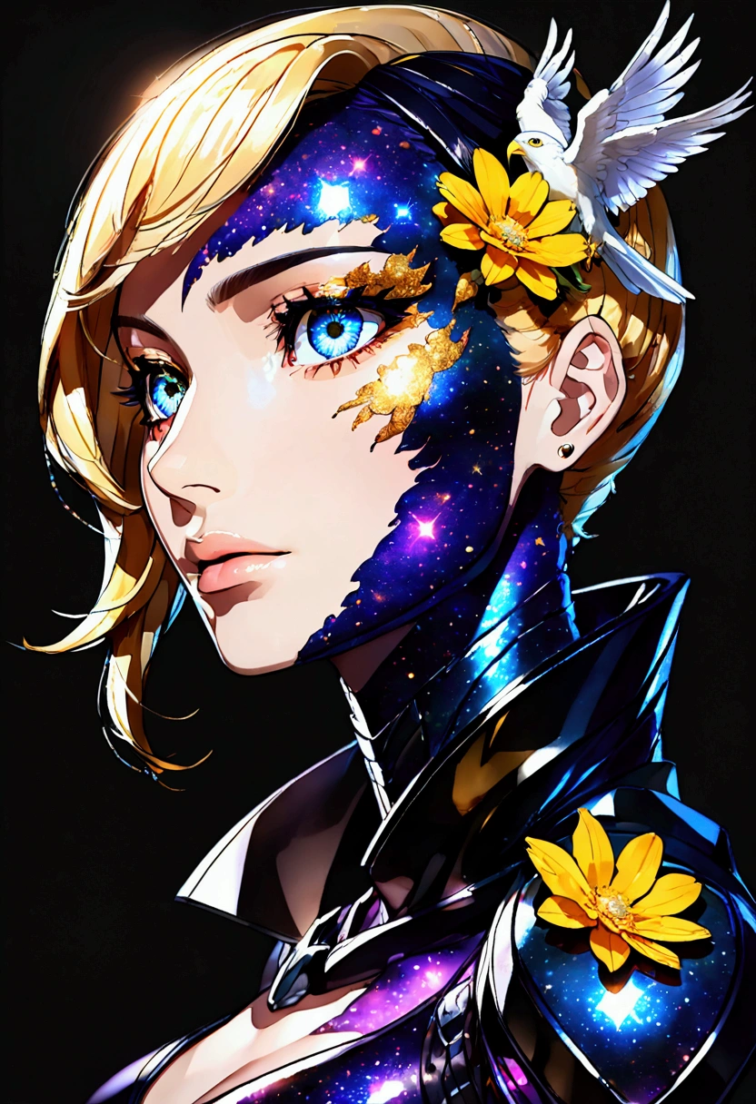 PORTRAIT, only face portrait, macro, a LATINO battle angel portrait NEXT TO An eagle , beautiful white skin with sparkles and glitter, short golden hair with green and yellow flowers on hair, shiny and lightening eyes, cosmos eyes, next to a bird, highly detailed fur (vectorized) , detailed skin, image is compelling with dynamic composition and energetic posing. Include many fantasy details such as bumps, phantasmal iridescence, glitter, galaxy, cosmos, ((dark celestialskin body, void cosmic body)), (((dark background))), (((lights off))), (((hollywood dark))), horror, dramatic shadows, (in a dark fantasy space:1.3, glitter, sparkle, gleam) vector digital illustration, (black background:1.5)sharp
