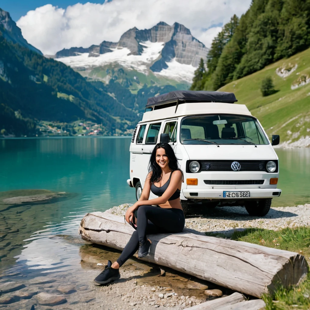 (((full body view))) of a (((stunning))) (((cute))) ((attractive)) black haired ((female supermodel)) ((long black messy hair)) ((busty)) wearing a ((sexy sports bra)) sitting at a lake in the swiss Alps, next to her modern VW-Camper ((smiling))