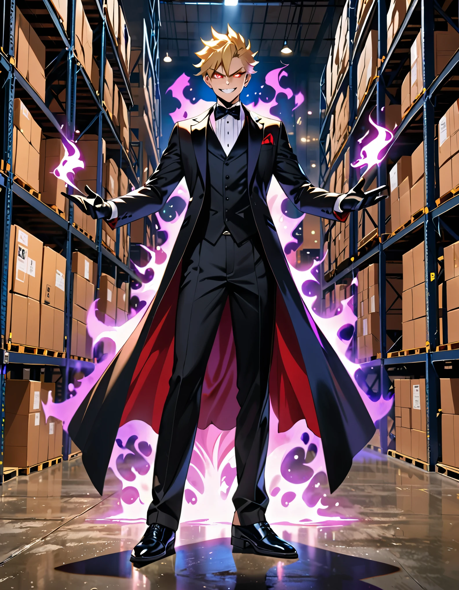 (masterpiece), (best quality), (high res), (solo, solo focus), 1male, male focus, magic, magician, neon black tuxedo, blonde hair, short hair, combed back hair, hazel eyes, perfect hands, raised arms, casting a spell, matching black gloves, black shoes, new york backdrop, midnight, warehouse, indoors, standing, evil grin, (his body surrounded by non-green aura), full-body costume design.
