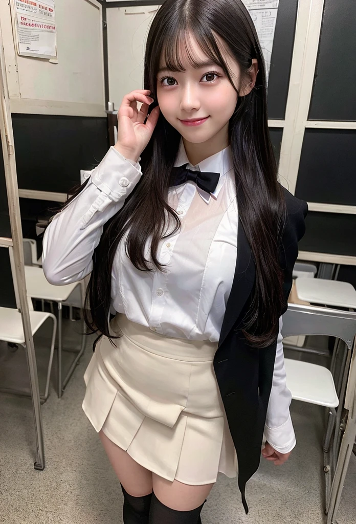 Highest quality, masterpiece,8k, Ultra-high resolution, (Smile),(Realistic: 1.4), RAW Photos, Dynamic Pose,Black Hair,((uniform)),Young,1 girl, Glowing Skin, classroom, Dramatic lighting, whole body, high school girl,(naked)