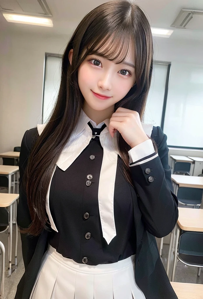 Highest quality, masterpiece,8k, Ultra-high resolution, (Smile),(Realistic: 1.4), RAW Photos, Dynamic Pose,Black Hair,((uniform)),Young,1 girl, Glowing Skin, classroom, Dramatic lighting, whole body, high school girl,(naked)