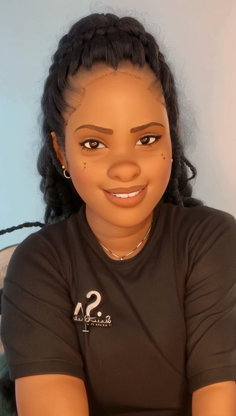 black female, disney pixar style, realistic 3D, hair with thin braids glued to the scalp, eyes black, small mole in the middle of the forehead