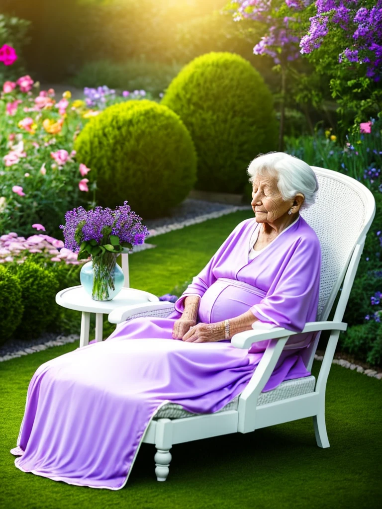 80 year old old woman,sonrriente,with sleeping gown, sitting in a lounge chair in a large garden with a small table on which there is breakfast, a vase with violets, in a dawn atmosphere