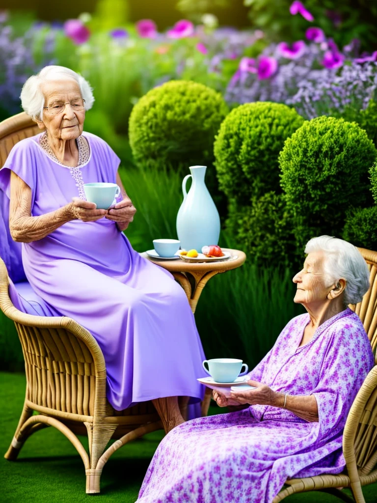 80 year old old woman,sonrriente,with sleeping gown, sitting in a lounge chair in a large garden with a small table on which there is breakfast, a vase with violets, in a dawn atmosphere