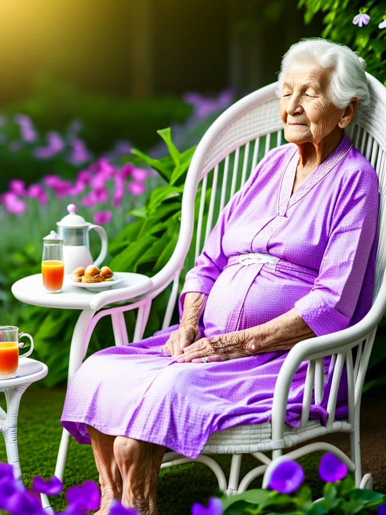 80 year old old woman,sonrriente,with sleeping gown, sitting in a lounge chair in a large garden with a small table on which there is breakfast, a vase with violets, in a dawn atmosphere