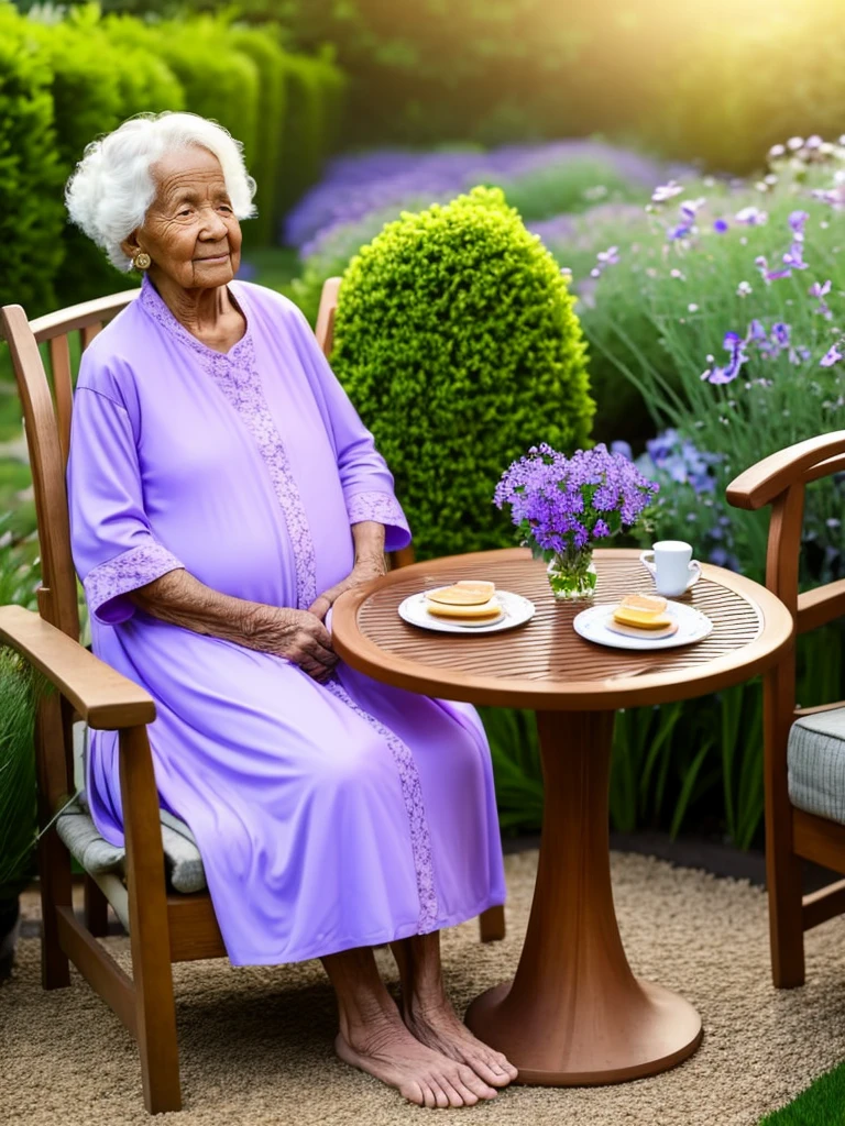 80 year old old woman,sonrriente,with sleeping gown, sitting in a lounge chair in a large garden with a small table on which there is breakfast, a vase with violets, in a dawn atmosphere