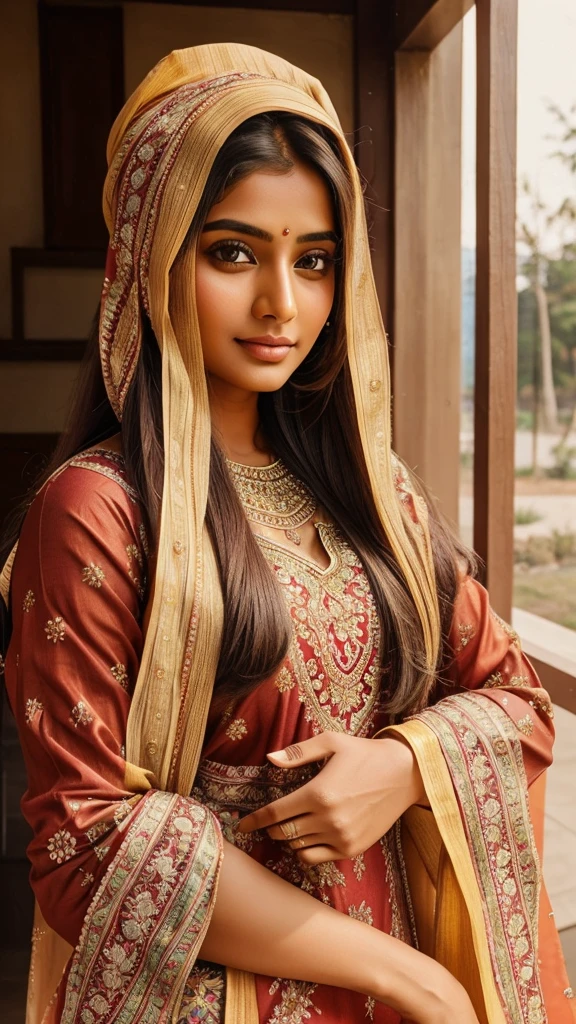 lovely cute young attractive indian girl, brown eyes, gorgeous actress, 25 years old, cute, an Instagram model, long blonde_hair, colorful hair, winter, Indian, wearing salwar-kameez and dupatta