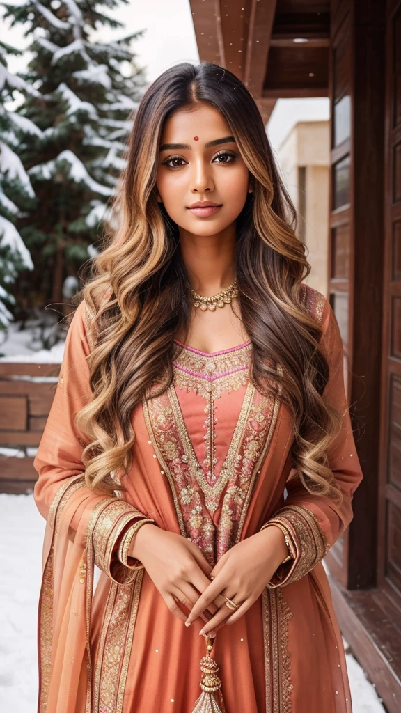 lovely cute young attractive indian girl, brown eyes, gorgeous actress, 25 years old, cute, an Instagram model, long blonde_hair, colorful hair, winter, Indian, wearing salwar-kameez and dupatta