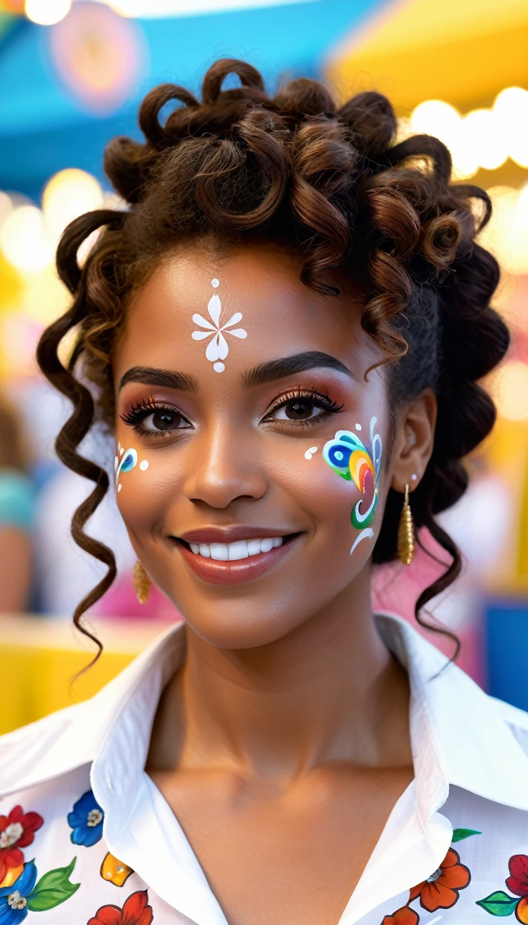 (best quality,4k,highres, highres face details), Bina, African American 30-year-old, with long brown curly hair, wearing a white buttoned-up shirt, Instagram model, walking at the state fair at the face paint booth with a beautiful smile
