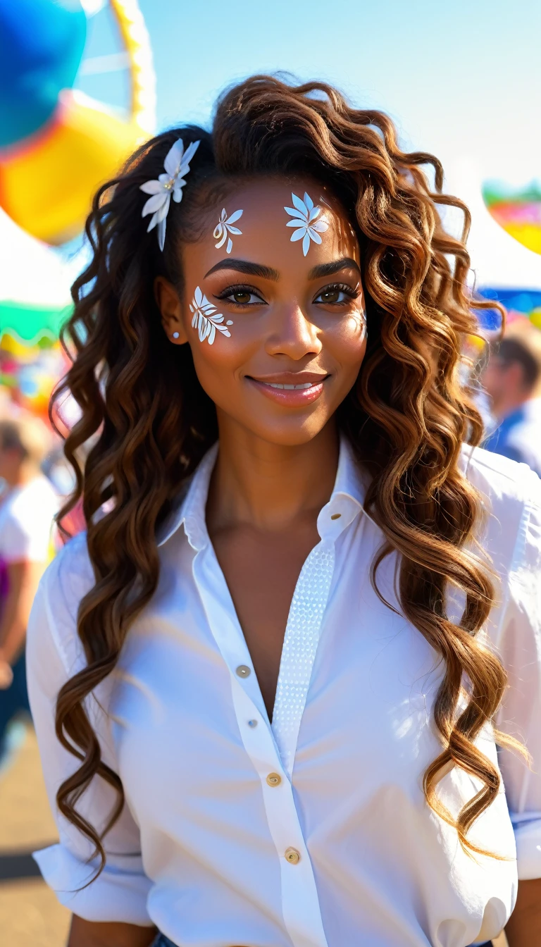 (best quality,4k,highres, highres face details), Bina, African American 30-year-old, with long brown curly hair, wearing a white buttoned-up shirt, Instagram model, walking at the state fair at the face paint booth with a beautiful smile