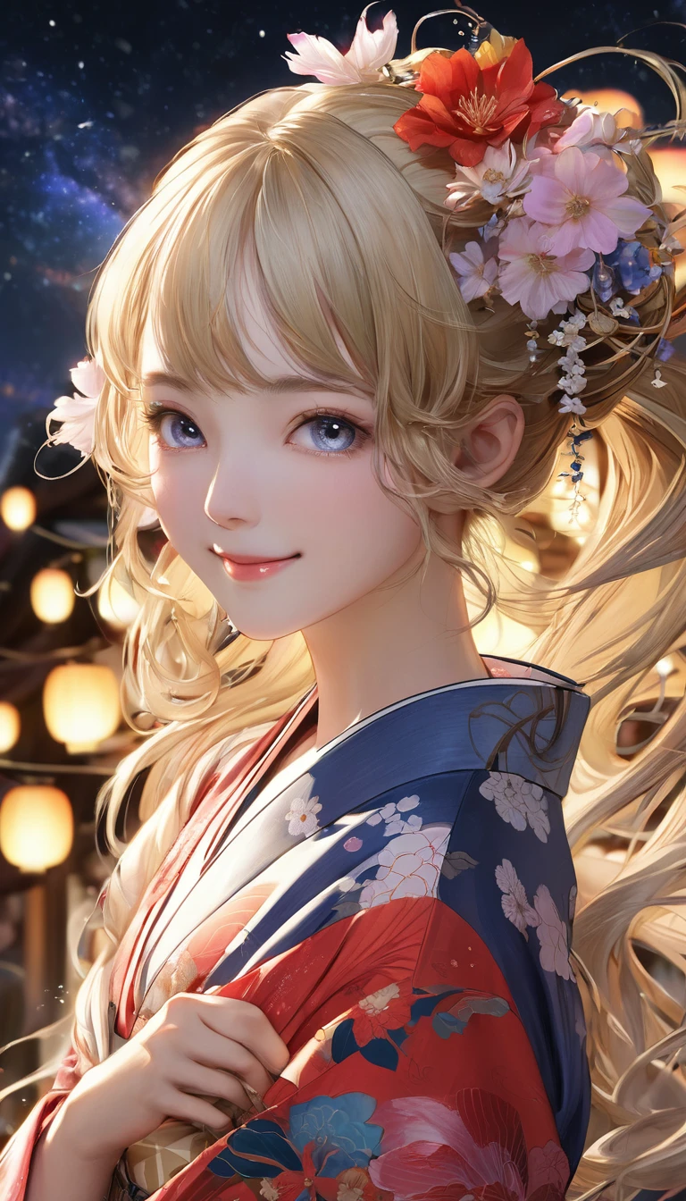 8k resolution, masterpiece, Highest quality, Award-winning works, unrealistic, SFW, elegant, Very detailed, Digital Painting, artステーション, コンセプトart, Smooth, Sharp focus, shape, artジャム、Greg Rutkowski、Alphonse Mucha、William Adolphe Bouguereau、art：Stephanie Law , , Royal Jewel, , Full Shot, Symmetric, Greg Rutkowski, Charlie Bowwater, beep, Unreal 5, Surreal, Dynamic Lighting, ファンタジーart, Complex色, Gion, Kyoto, Numerous fireflies, fire works, milky way, shooting stars, Small face, Very delicate look, , Delicate facial depiction, Delicate eye depiction, Upper body close-up, Alluring, erotic, dynamic sexy pose, sole sexy girl, healthy body, Age 22, , , ,, doaxvv_Marie Rose, geisha, height: 160cm, huge firm bouncing busts, , Very long wavy blonde hair, Twin tails, Glowing Skin, Sweat, Smiling at the camera, Looking up, Invincible laughter, Complex, traditional Japanese see-through yukata, 