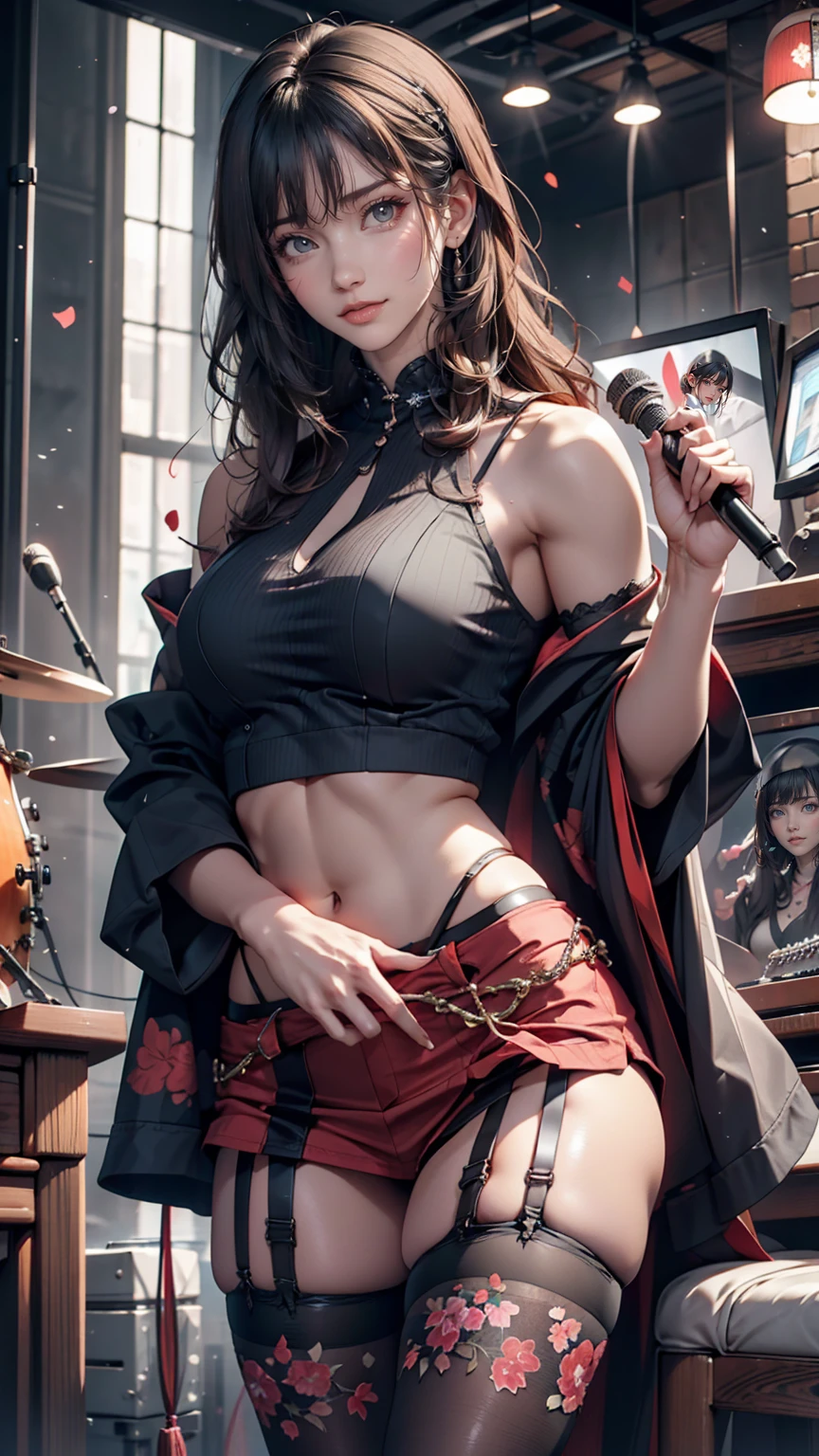 Highest quality,masterpiece,Ultra-high resolution,(Photo realistic:1.4),One Girl,View your audience,Japanese women,garter belt、Garter Stockings、punk、Three Women、Rock Live、Electric guitar、base、drum