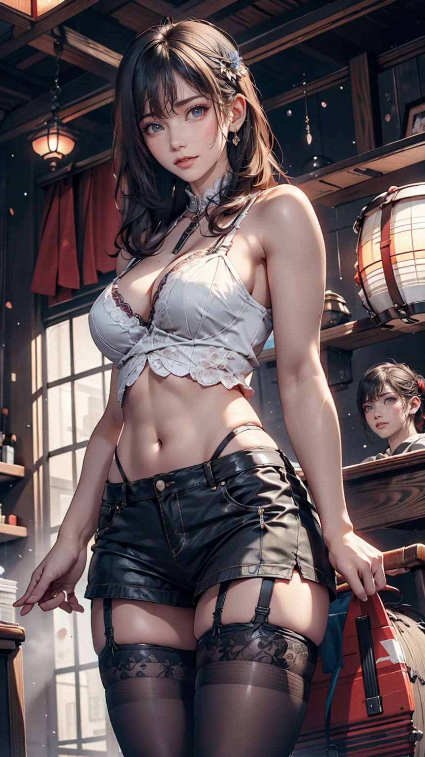 Highest quality,masterpiece,Ultra-high resolution,(Photo realistic:1.4),One Girl,View your audience,Japanese women,garter belt、Garter Stockings、punk、Three Women、Rock Live、Electric guitar、base、drum